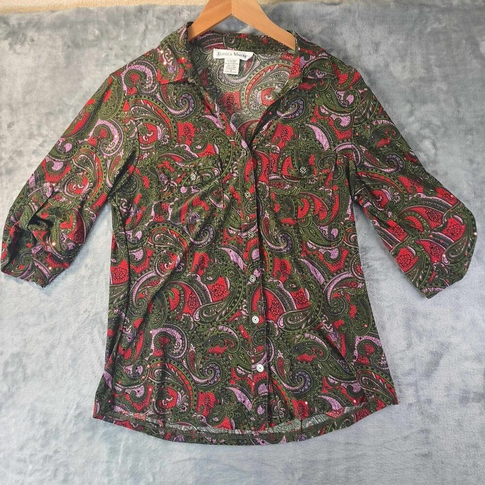 Rebecca Malone Paisley Button Top S Retro Stretch Art to Wear Statement‎ Top